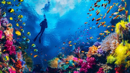 Scuba diver exploring colorful coral reef