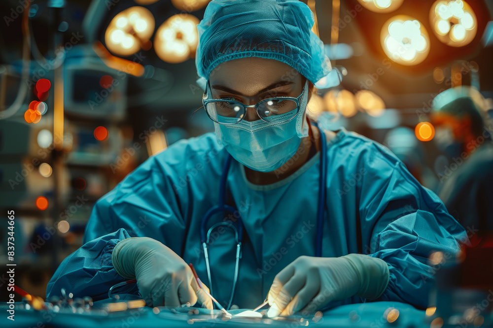 Poster surgeon performing a precise surgical procedure in the operating room. concept of surgical expertise