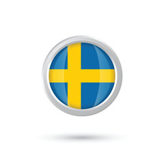 Swedish flag button. Sweden flag button, glossy and shiny, round with frames, and shine on top, on white background, isolated, vector graphic illustration with real flag colors. 