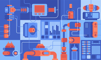Smart industry 4.0 Robotics Industry automation, industrial IOT, innovative production process Engineering Facility Robot Arm Moving at Different Directions. High Tech Industrial vector infographic
