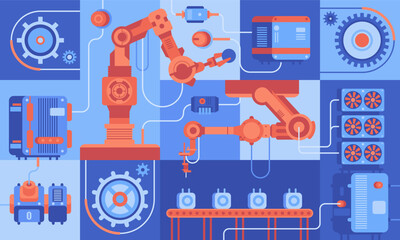 Smart industry 4.0 Robotics Industry automation, industrial IOT, innovative production process Engineering Facility Robot Arm Moving at Different Directions. High Tech Industrial vector infographic