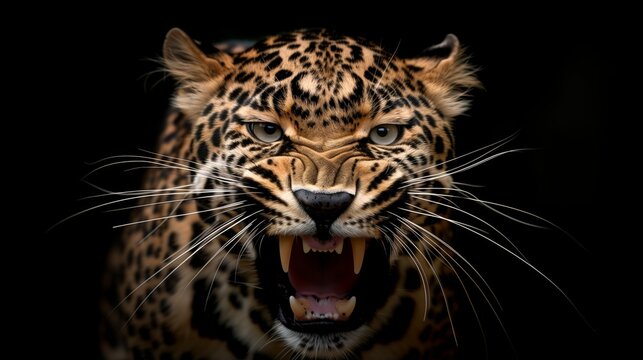 Wildlife photography of an angry leopard showing its teeth with an intense expression on a black background - Powered by Adobe