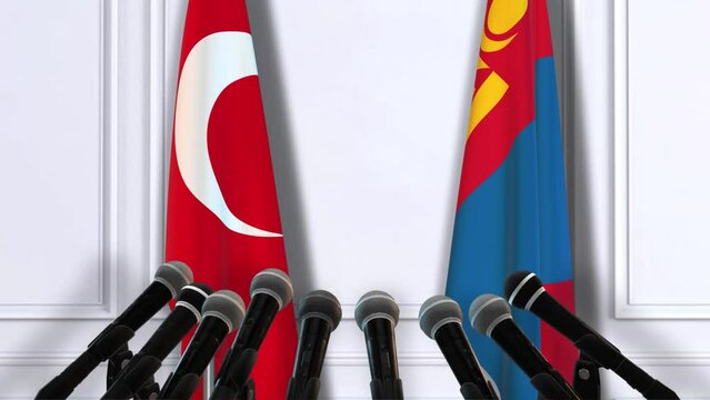 Mongolia and Turkey National Flags with Microphones. Official Press Conference of Countries Government
