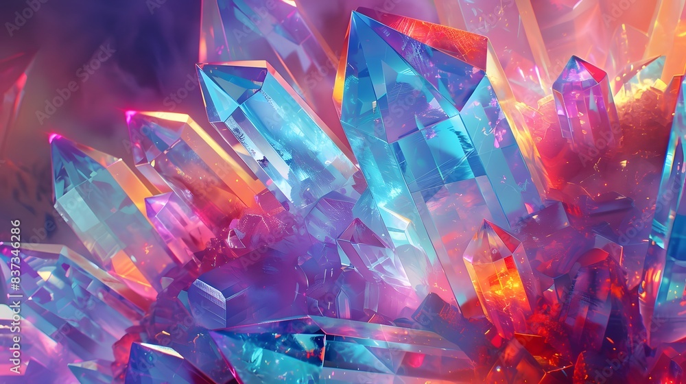 Poster a vibrant display of colorful crystals illuminated by light, creating a dazzling and sparkling visua