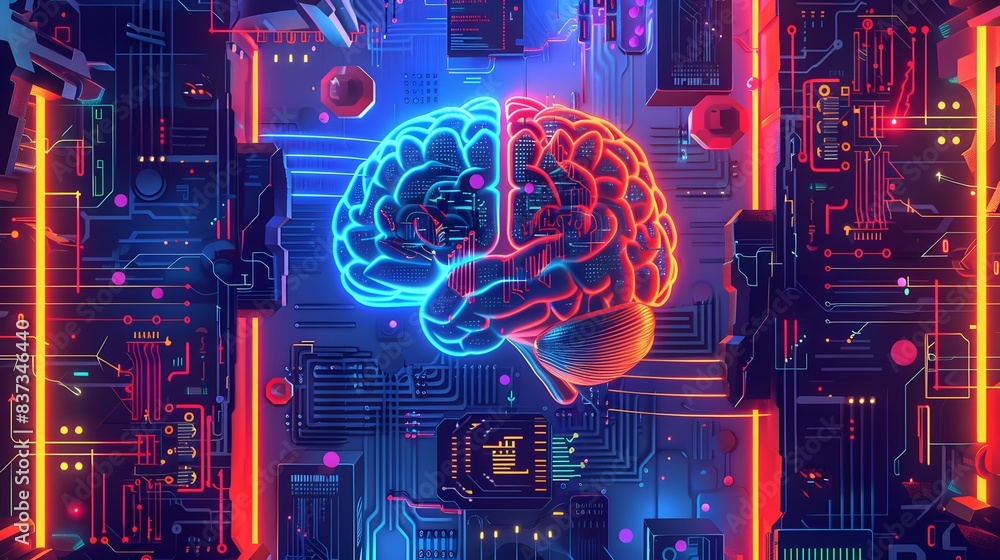 Poster a futuristic representation of a brain with digital circuitry and neon colors, symbolizing the inter