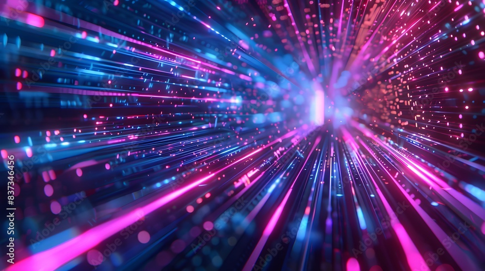 Poster an abstract representation of digital data flow with vibrant neon lights, showcasing dynamic movemen