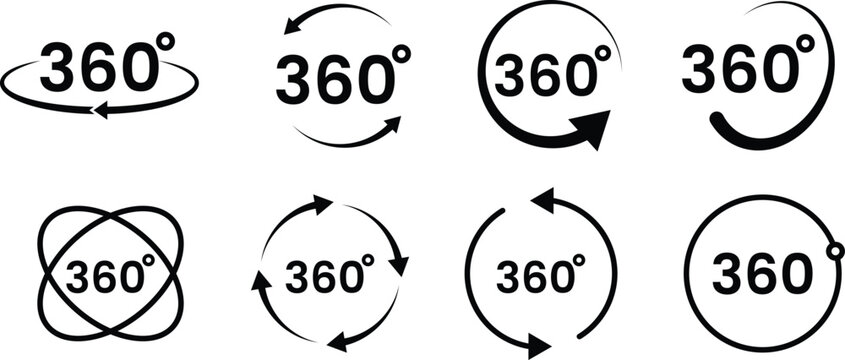 Set of 360 degree views of vector circle icon. Round signs with arrows rotation to 360 degrees. Signs with arrows to indicate the rotation. Vector Illustration.