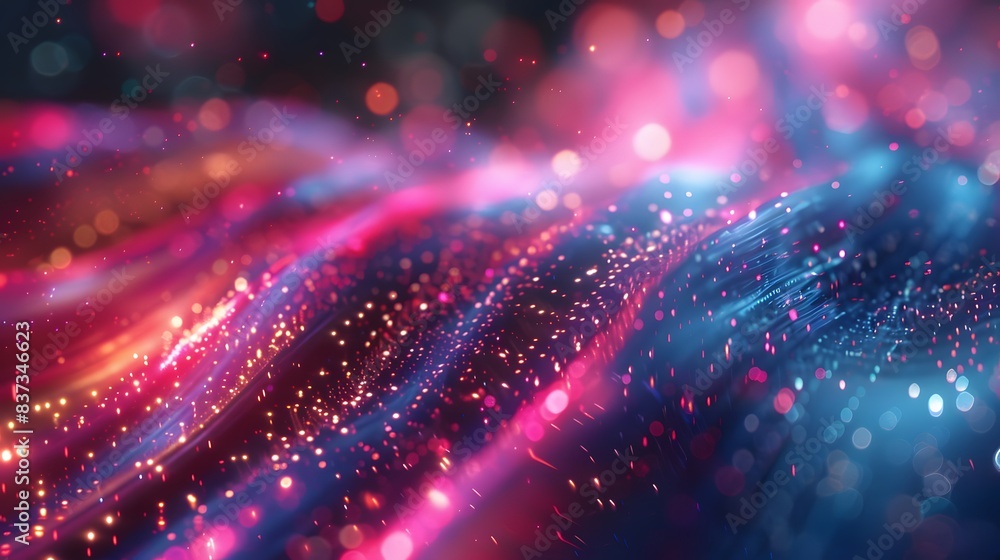 Poster a colorful data wave filled with digital particles, illustrating the flow of information and modern 