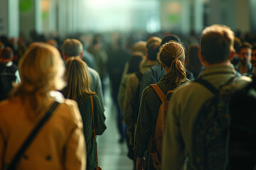 Unemployed individuals standing in line at a job fair, hoping for employment opportunities. Concept of job loss and financial insecurity. Generative Ai.