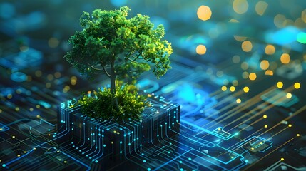 A green tree growing on a digital circuit board, symbolizing the blend of nature and technology in a futuristic concept.