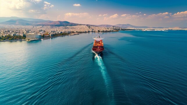 Aerial drone ultra wide photo with copy space of colourful truck size container tanker ship cruising deep blue sea near commercial port of Piraeus, Attica, Greece 