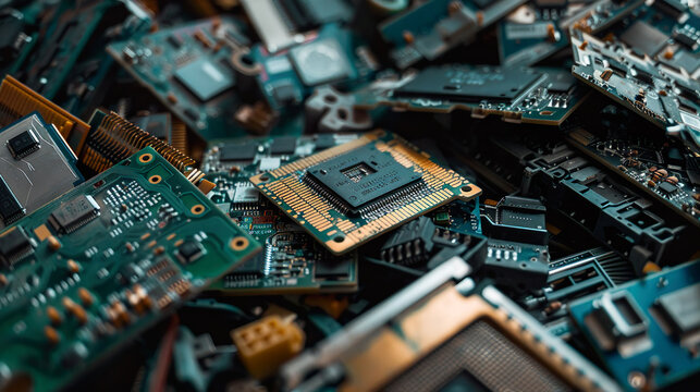 A detailed image of a pile of broken electronic circuits and components