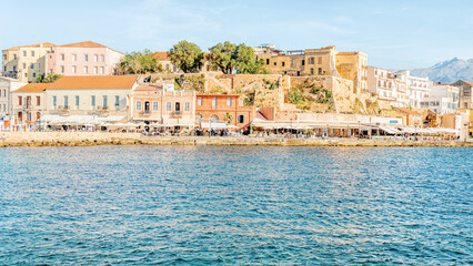 View on old Venetian harbor in Chania city on Crete island, Greece.