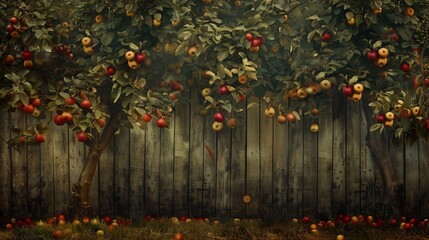 Fresh Apples on Trees with Rustic Fence