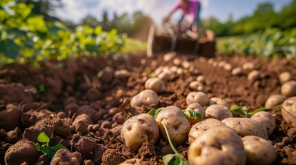 Harvesting potatoes with plow in farm field