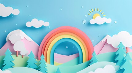 A pastel-colored 3D papercut image of a rainbow arcing over a scenic landscape