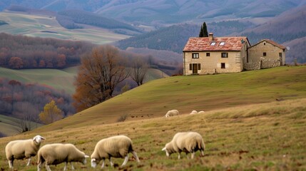 Fototapeta premium Sheep Grazing on Hillside Near Farmhouse