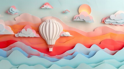A 3D papercut scene of a hot air balloon floating in a pastel-colored sky
