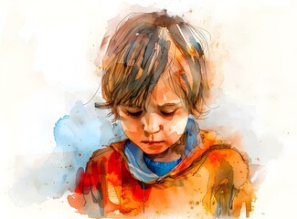 watercolor painting of a sad looking boy