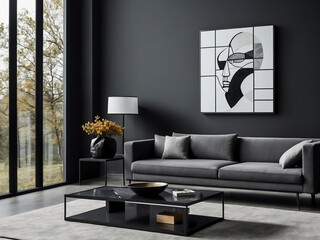 Modern Living Room with Large Windows, Minimalist Decor, and Stylish Abstract Art on Dark Wall