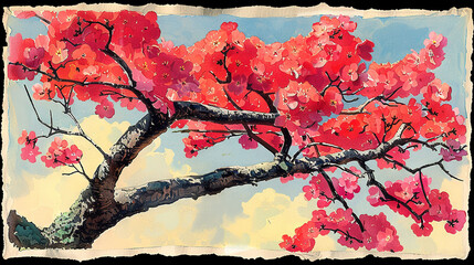   A painting of a red-leafed tree on its branches against a blue sky background