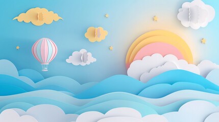 Obraz premium A 3D papercut scene of a sunny day with pastel-colored clouds and a hot air balloon floating in the sky