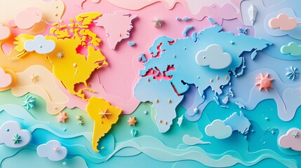 An illustration of a weather map with various 3D papercut weather symbols in pastel colors