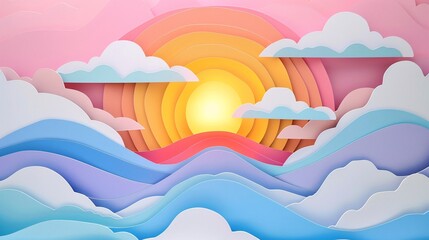 A 3D papercut illustration of a sunrise with pastel-colored rays of light spreading across the sky