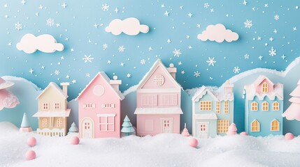 A winter scene with pastel-colored houses covered in snow, all created in a 3D papercut style