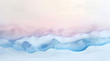 A 3D papercut image of a foggy day with pastel-colored mist and trees barely visible in the background