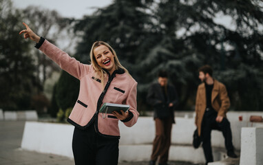Energetic businesswoman with a digital tablet raising her arm in triumph, with her coworkers...