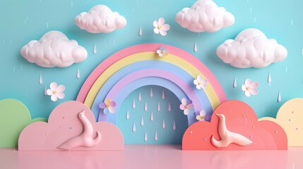 A pastel-colored 3D papercut scene of a rainbow after a rainstorm with fluffy clouds