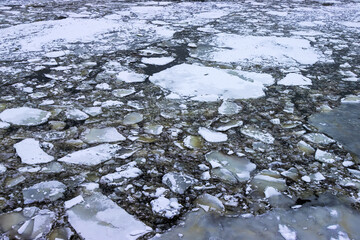 Early ice break on the river in March