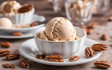 Bowl of Pecan Praline Ice Cream served with pecan nuts, combining creamy vanilla ice cream with caramelized pecans for a rich, nutty flavor and delightful crunch.
