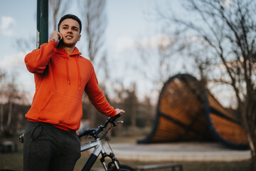 A young man takes a break from riding his bicycle to enjoy the peaceful atmosphere of a city park.