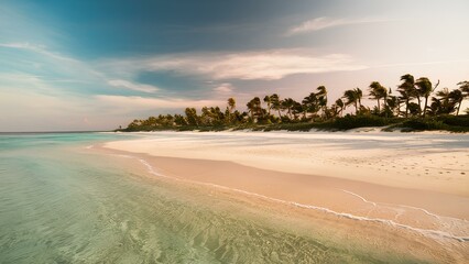 breathtaking photograph of a pristine beach, showcasing the soft, golden sand and crystal-clear turquoise waters and palm trees 