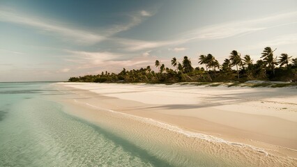 breathtaking photograph of a pristine beach, showcasing the soft, golden sand and crystal-clear turquoise waters and palm trees 