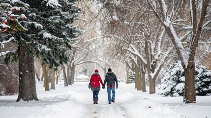 A couple walking hand in hand through a snowy park. Winter scene with trees covered in snow. Concept of romance, winter, togetherness, seasonal beauty