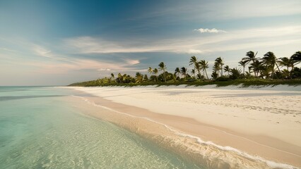 breathtaking photograph of a pristine beach, showcasing the soft, golden sand and crystal-clear turquoise waters and palm trees 