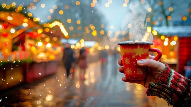 Cozy winter scene with a hand holding a steaming red mug in a festive holiday market. Concept of warm beverages, holiday cheer, winter, festive markets. Christmas