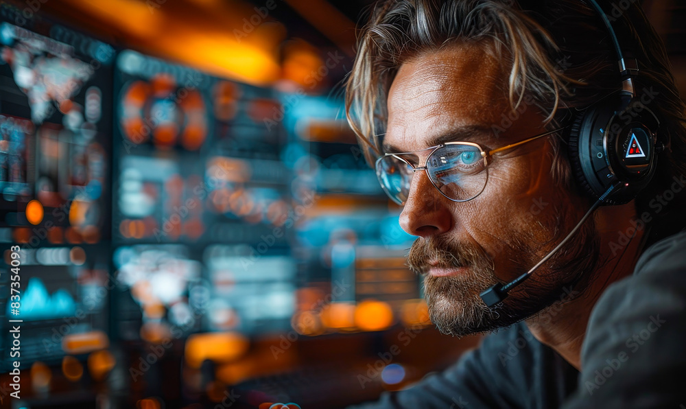 Poster focused devops engineer writing script for ai tech support in dark high-tech workspace at night