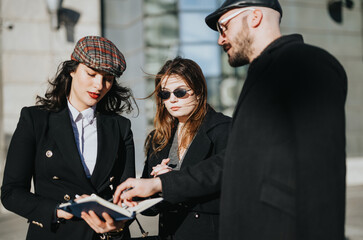 Dynamic young business team collaboration outdoors in an urban setting.