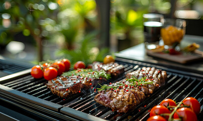 Naklejka premium Juicy Grilled Steaks with Fresh Vegetables on Modern Outdoor BBQ Grill in Sunlit Garden Setting for Summertime Barbecue
