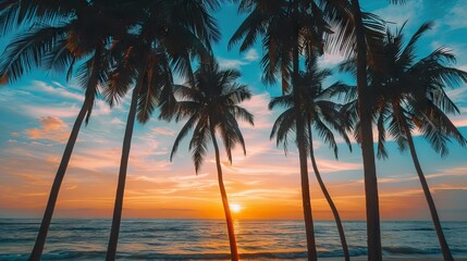 Silhouettes of palm trees and amazing cloudy sky on sunset at tropical beach with pink sky background for travel and vacation. AI generated illustration