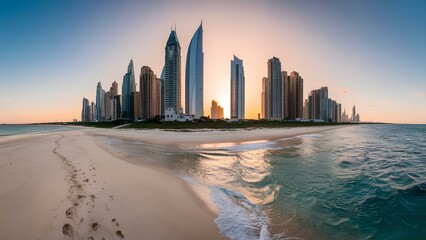 A stunning beach scene captured in a high-quality photograph. The sun is setting, casting a warm golden hue over the calm, turquoise waters.	