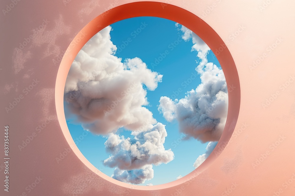 Poster abstract optical illusion. 3d metaphor of round hole with clouds in peachy sky background