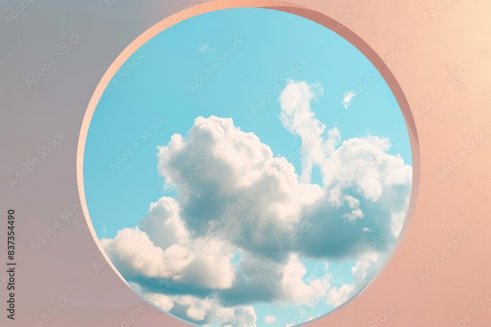 Poster abstract optical illusion. three-dimensional round hole with clouds flying out in peachy background