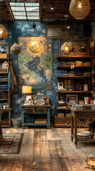 Cozy Vintage Fashion Boutique with Rustic Decor and Ambient Lighting, Showcasing Stylish Clothing and Accessories on Shelves, Featuring Wooden Flooring and Earthy Tones