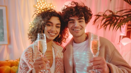 Smiling interracial couple with curly hair toasting with champagne in a cozy festive setting. Concept of celebration, companionship, holiday spirit, joyful moments. Christmas, New Year
