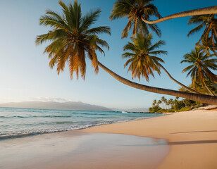 breathtaking photograph of a pristine beach, showcasing the soft, golden sand and crystal-clear turquoise waters and palm trees 